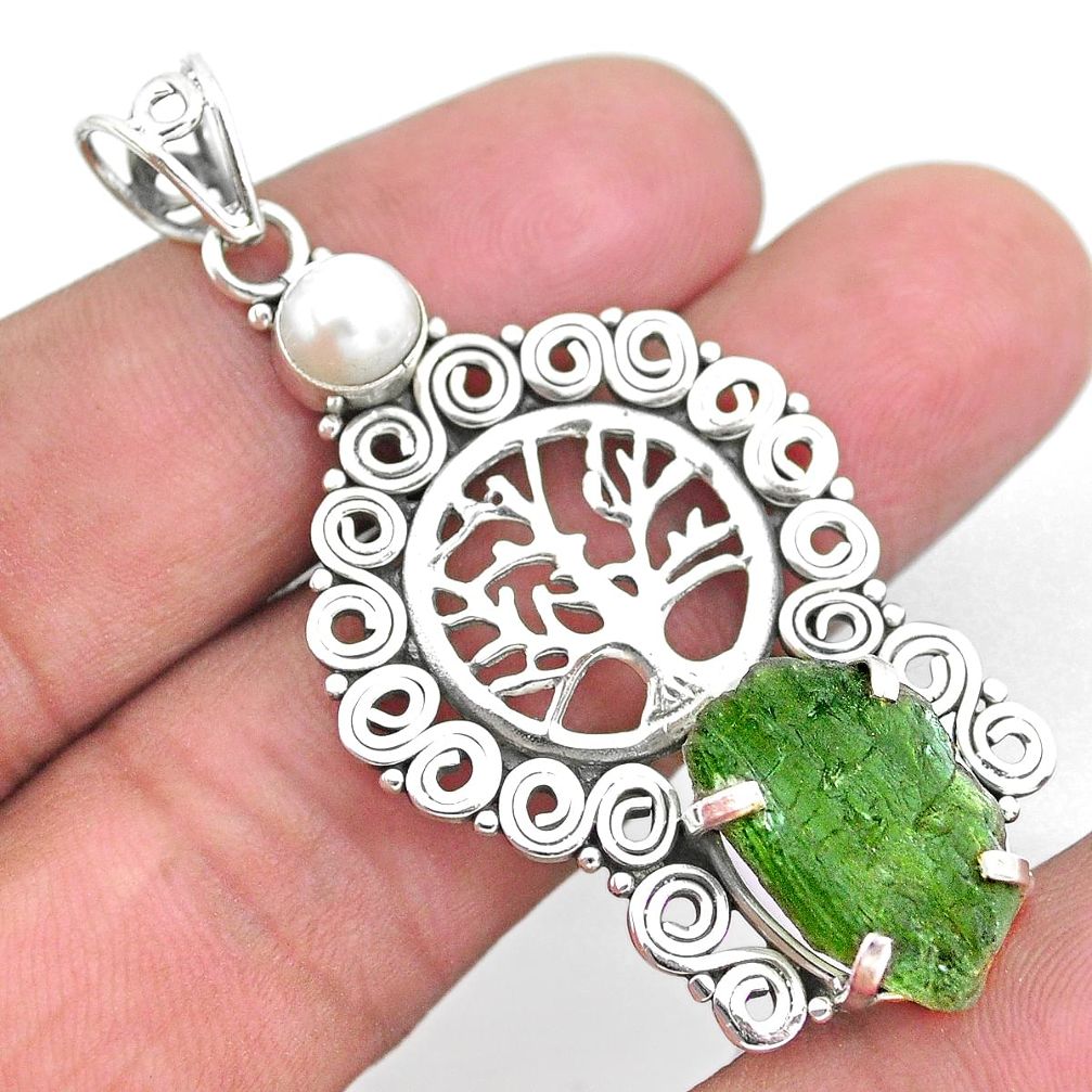 8.18cts natural green moldavite 925 silver tree of life pendant jewelry p24315