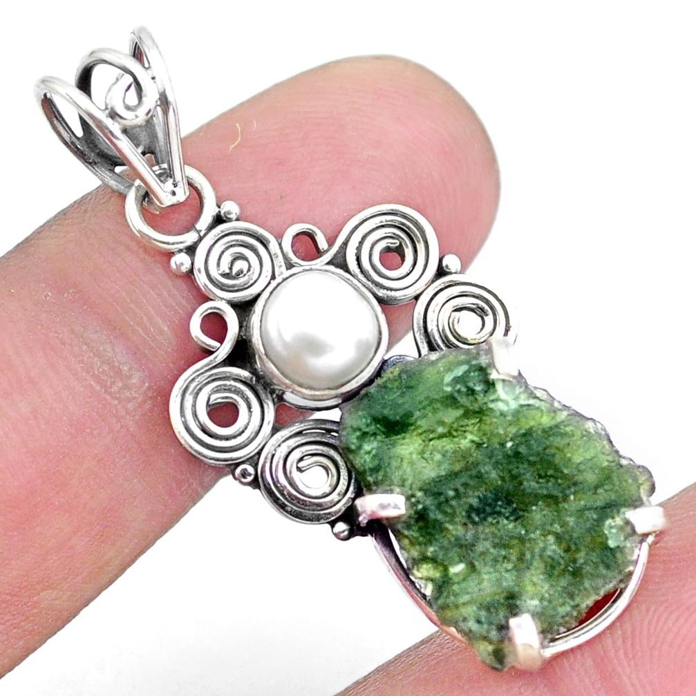 925 silver 5.75cts natural green moldavite white pearl pendant jewelry p24317