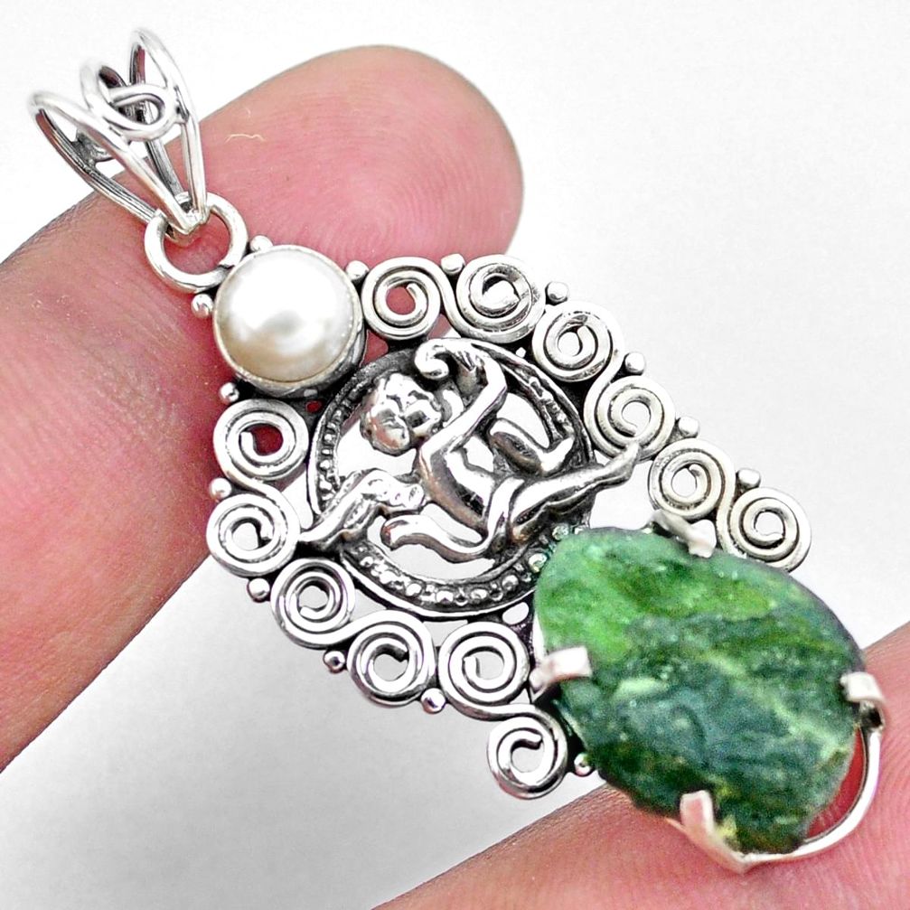 10.54cts natural green moldavite 925 silver cupid angel wings pendant p24319