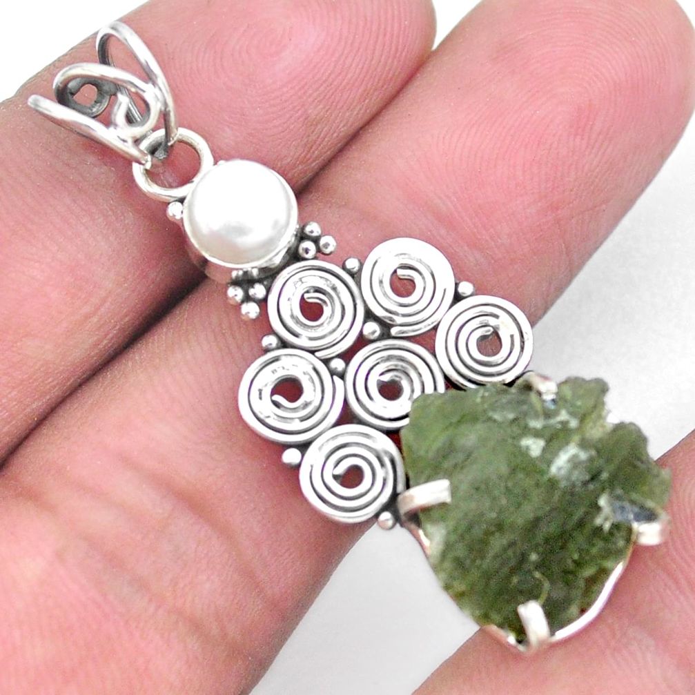 7.53cts natural green moldavite (genuine czech) pearl 925 silver pendant p24335