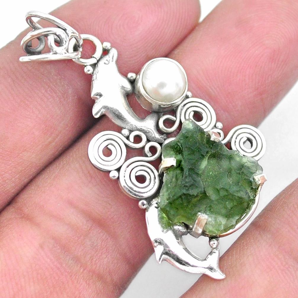 6.79cts natural green moldavite pearl 925 silver dolphin pendant jewelry p24336