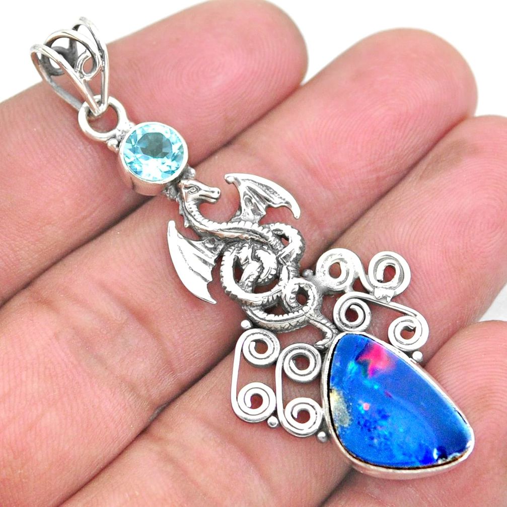 925 silver natural blue doublet opal australian dragon pendant jewelry p24354