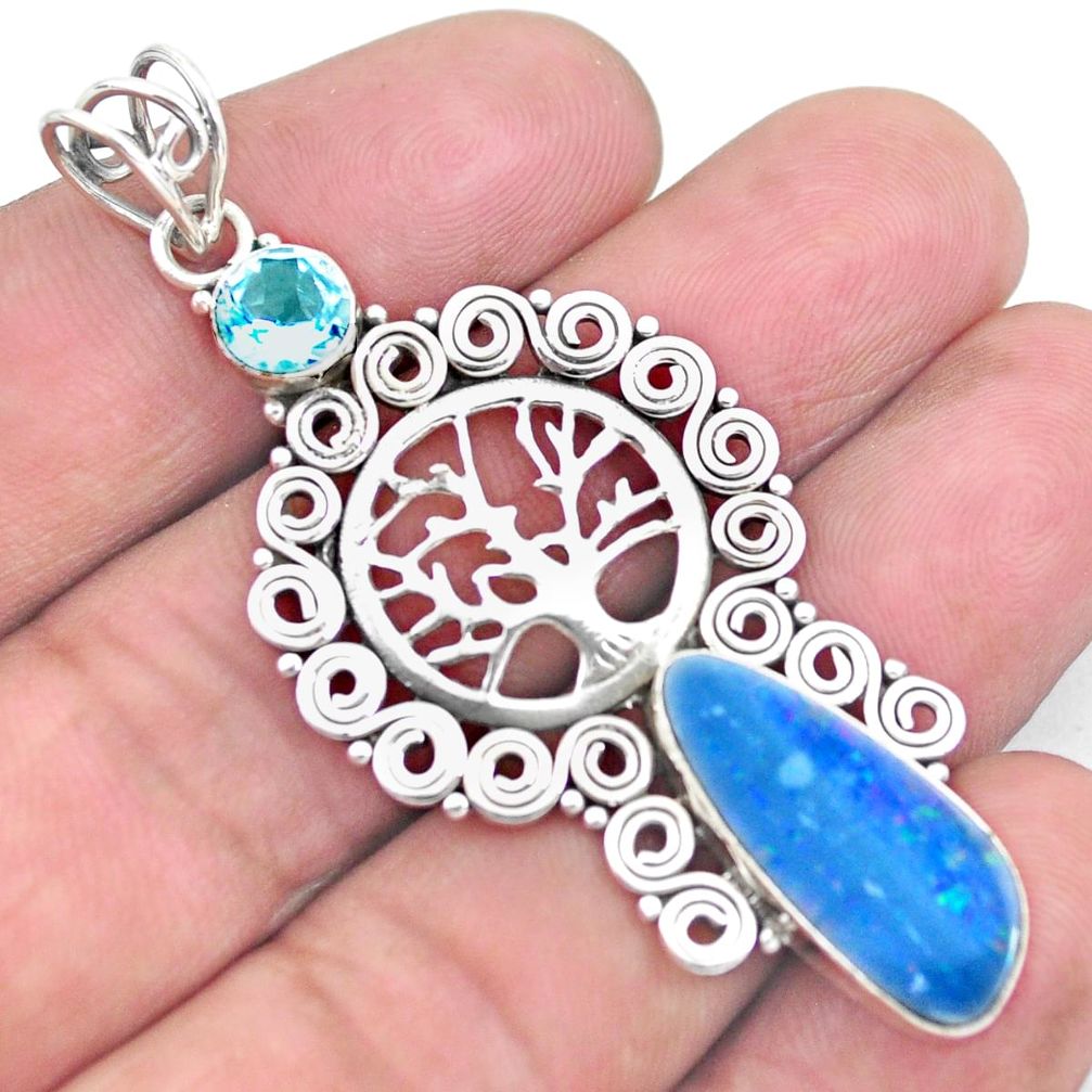 925 silver natural blue doublet opal australian tree of life pendant p24357