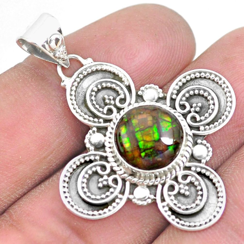 5.08cts natural multi color ammolite (canadian) 925 silver pendant p24826