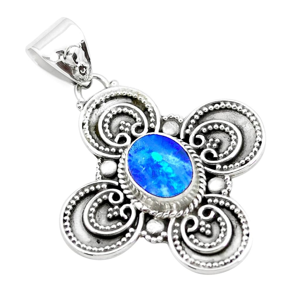 2.81cts natural blue doublet opal australian 925 sterling silver pendant p24842