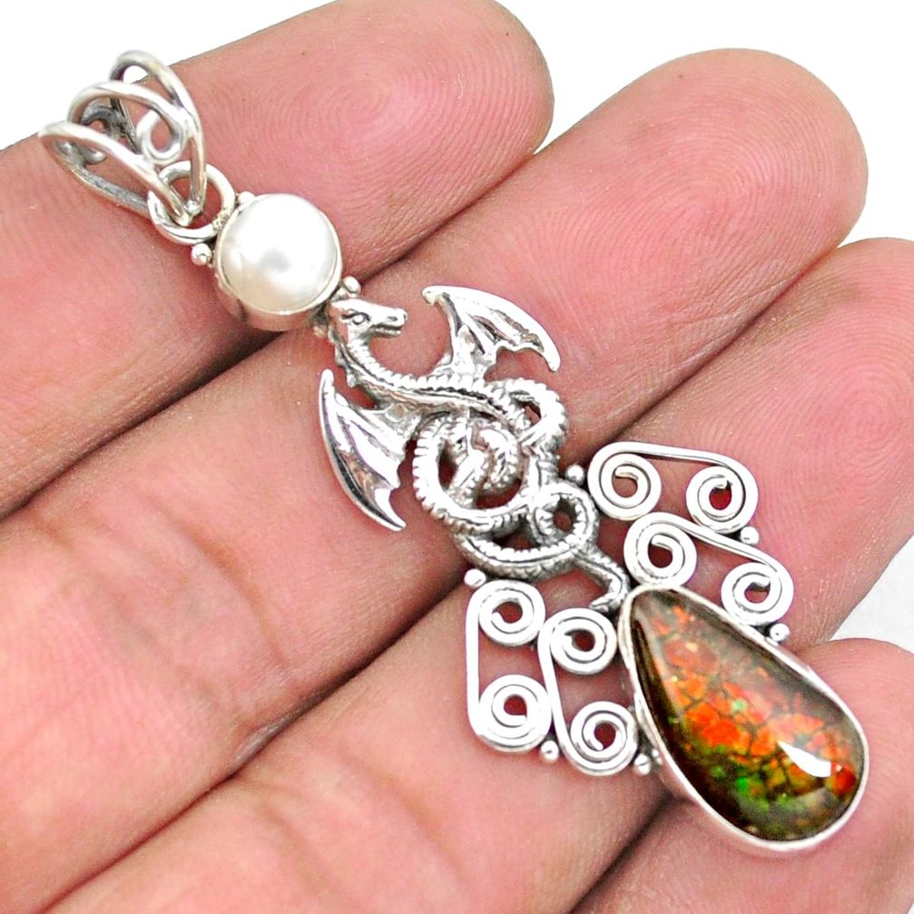 5.83cts natural multi color ammolite 925 silver dragonfly pendant p25149
