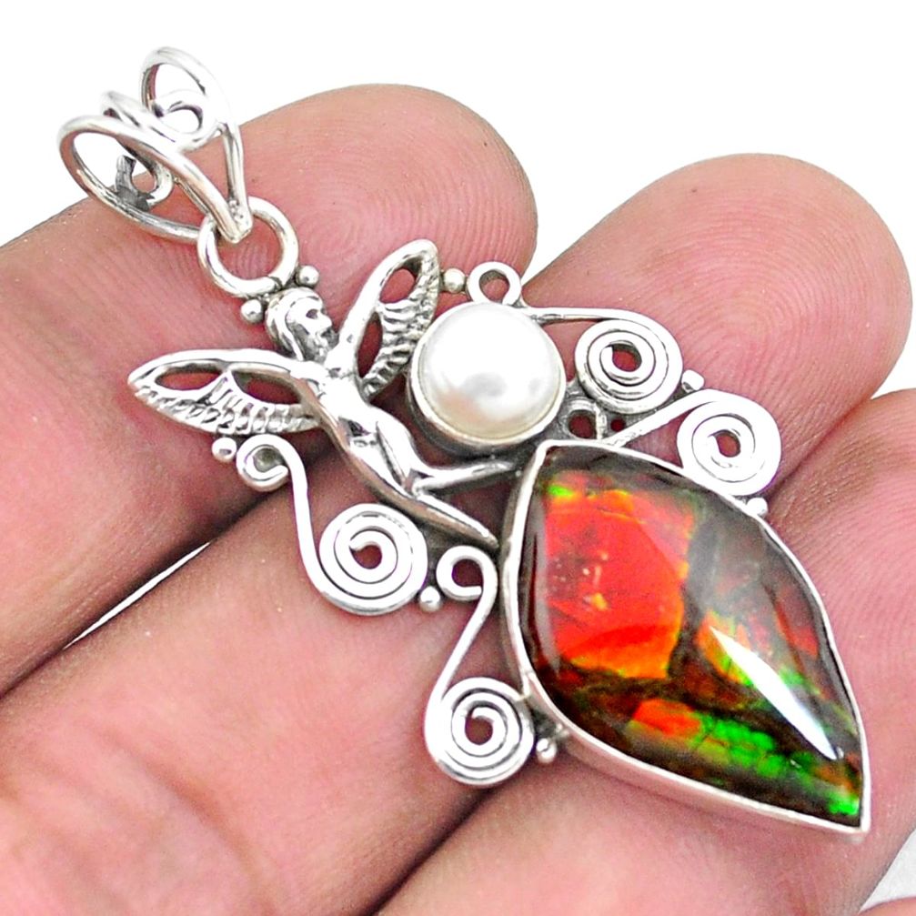 9.07cts natural multi color ammolite 925 silver angel wings fairy pendant p25159