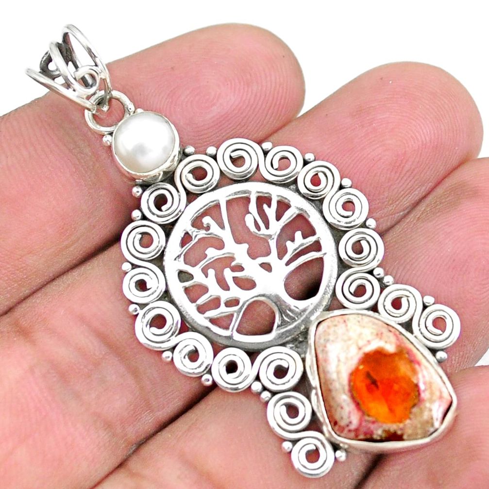 Natural multi color mexican fire opal 925 silver tree of life pendant p25168