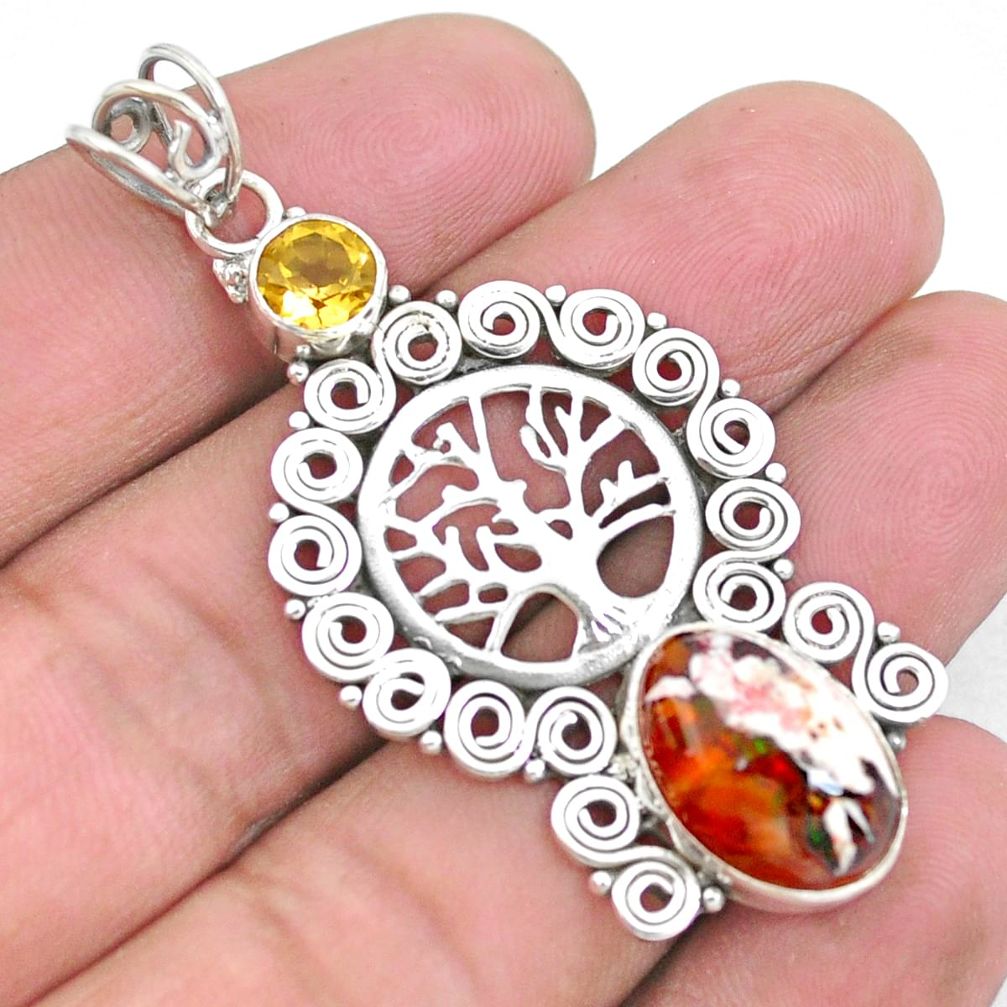 Natural multi color mexican fire opal 925 silver tree of life pendant p25177