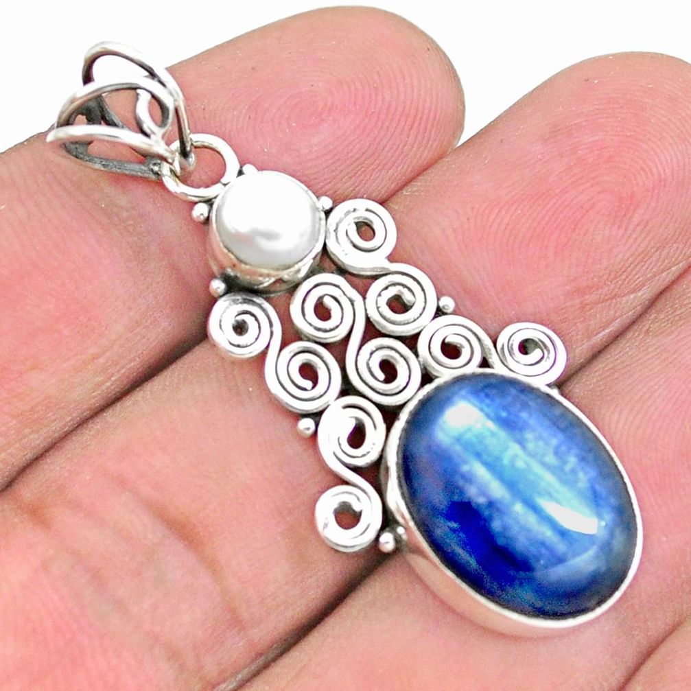 10.60cts natural blue kyanite pearl 925 sterling silver pendant jewelry p25201