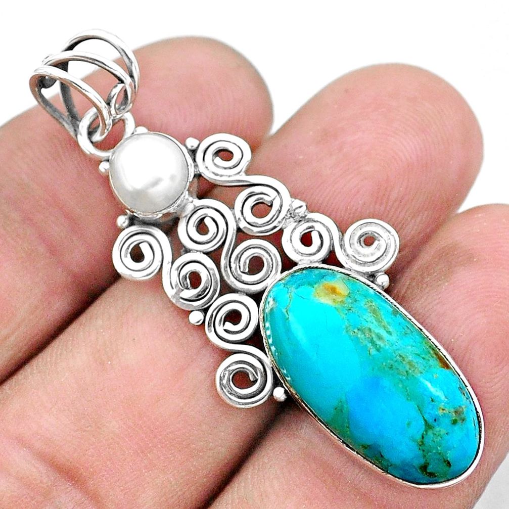 925 sterling silver 10.81cts green arizona mohave turquoise pearl pendant p25231