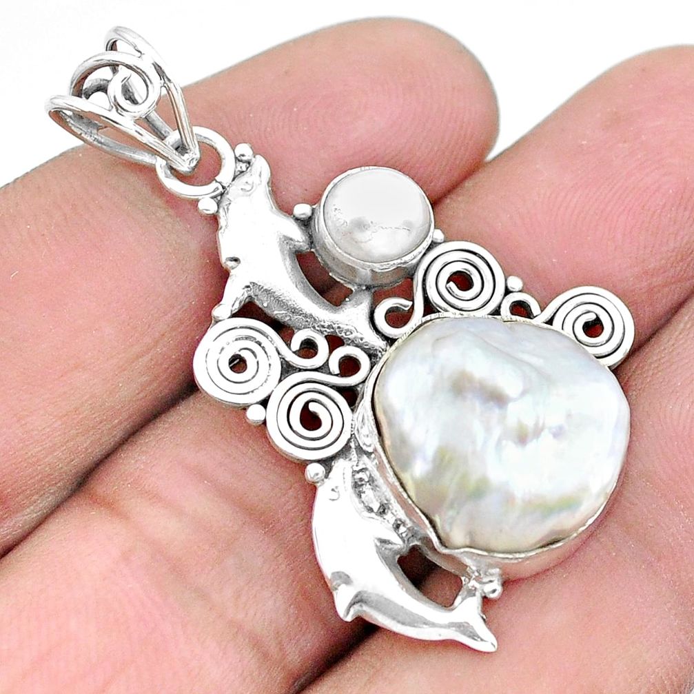12.31cts natural white pearl 925 sterling silver dolphin pendant jewelry p25241