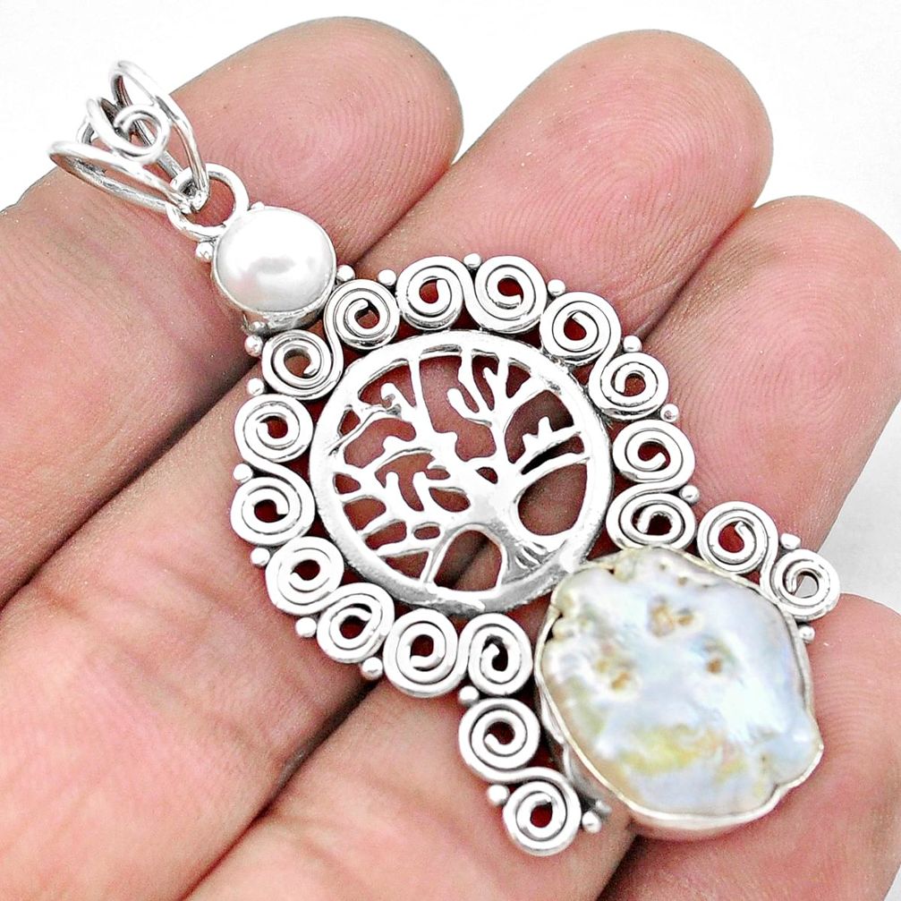 925 sterling silver 12.72cts natural white pearl tree of life pendant p25243