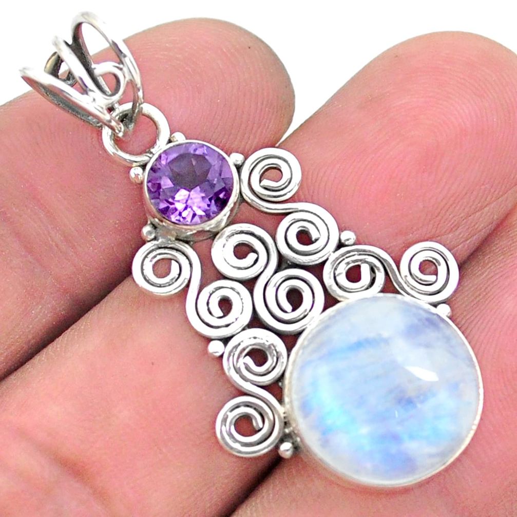 11.57cts natural rainbow moonstone amethyst 925 sterling silver pendant p25309