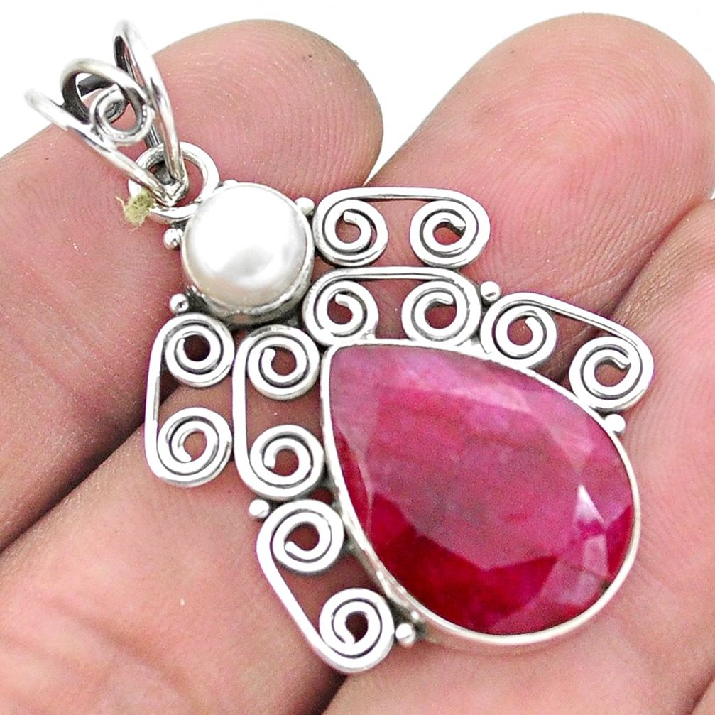 14.23cts natural red ruby pearl 925 sterling silver pendant jewelry p25359