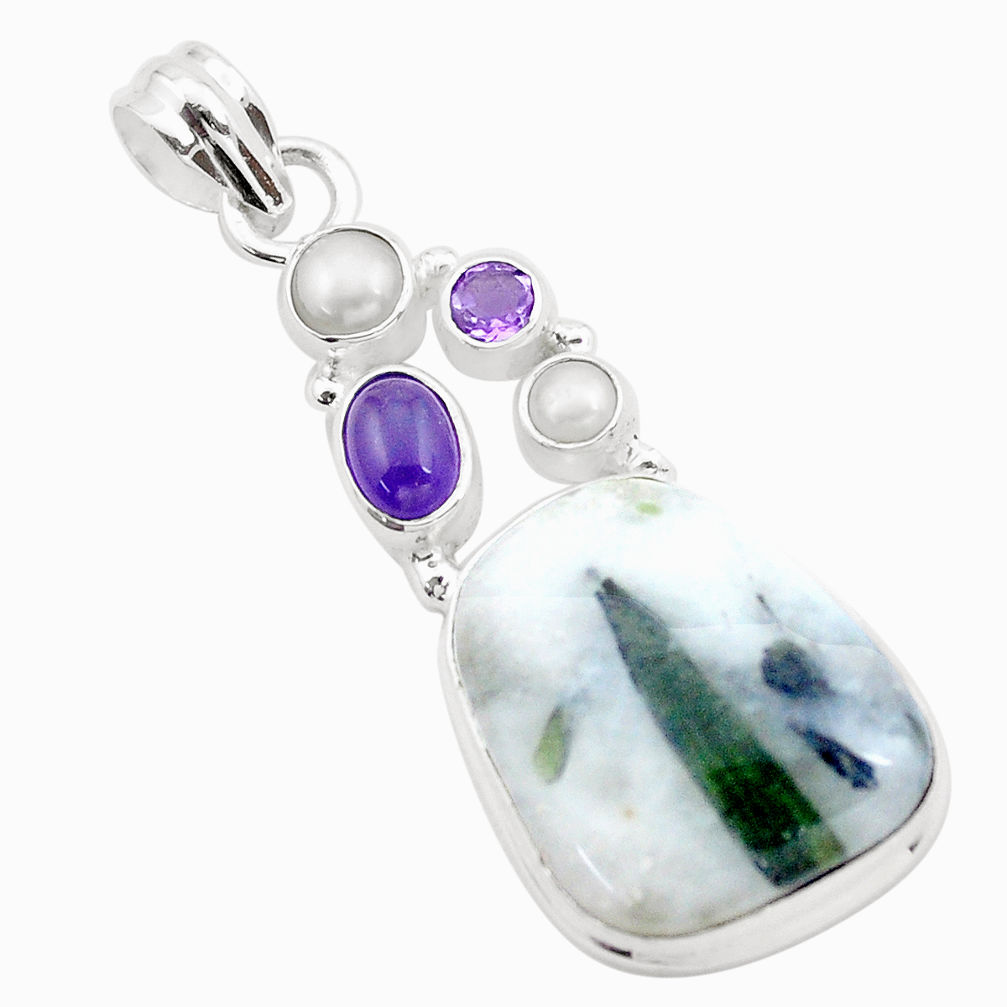 925 silver 25.00cts natural green tourmaline in quartz amethyst pendant p25525