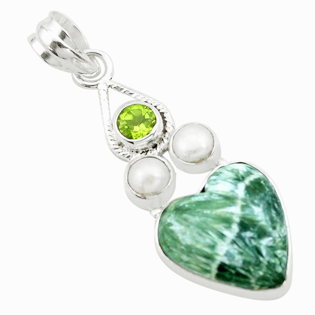 11.04cts natural green seraphinite peridot pearl 925 silver pendant p25583