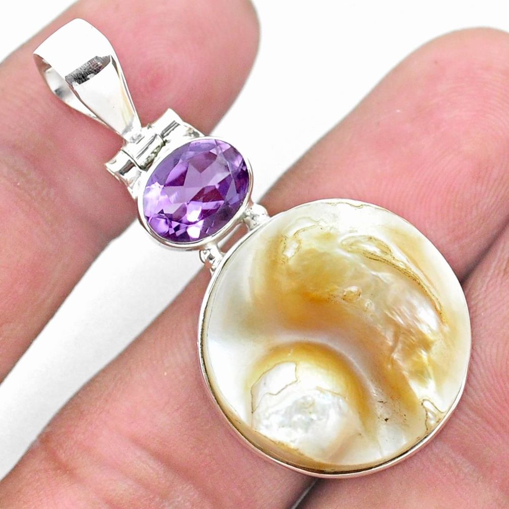 18.15cts natural white pearl amethyst 925 sterling silver pendant jewelry p25598