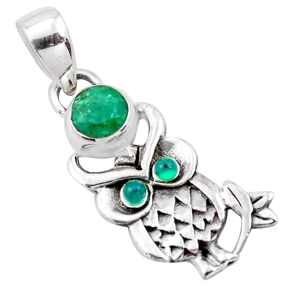 1.79cts natural green emerald chalcedony 925 sterling silver owl pendant p25603