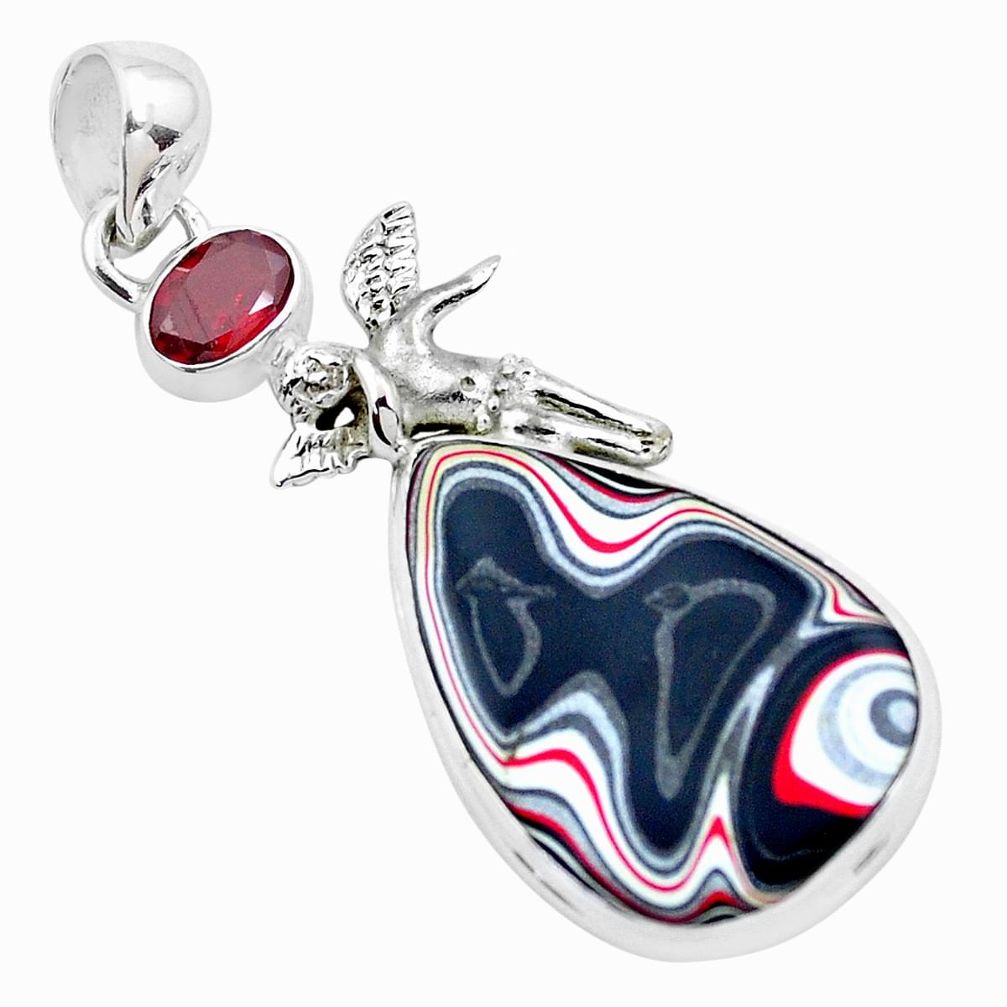 12.60cts fordite detroit agate garnet silver angel wings fairy pendant p26124