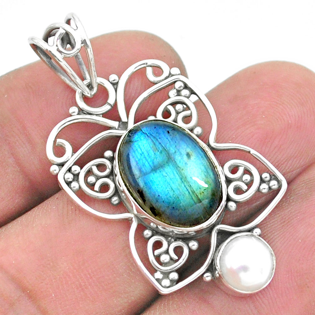 6.53cts natural blue labradorite pearl 925 silver butterfly pendant p26575