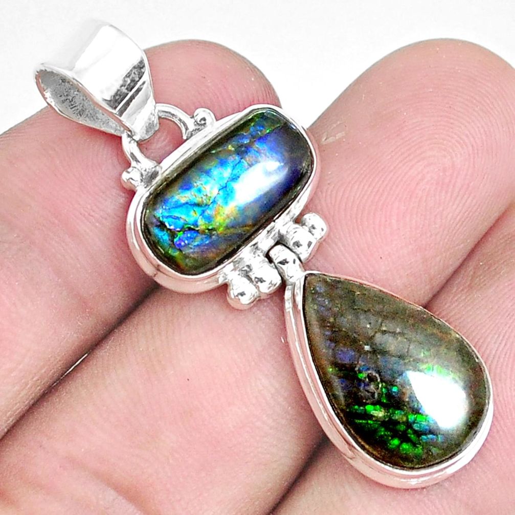 12.83cts natural multi color ammolite (canadian) 925 silver pendant p26921