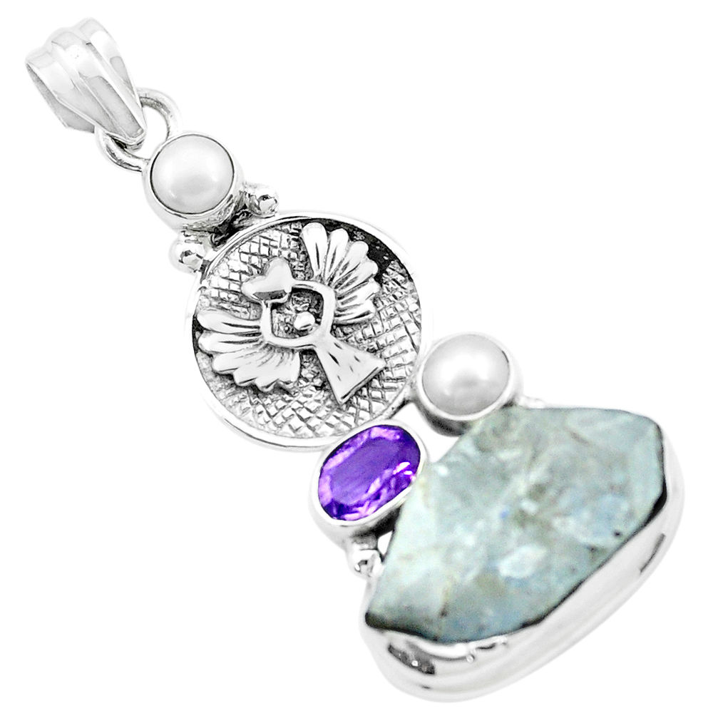 925 silver natural blue dumortierite rough amethyst pearl eagle pendant p27640