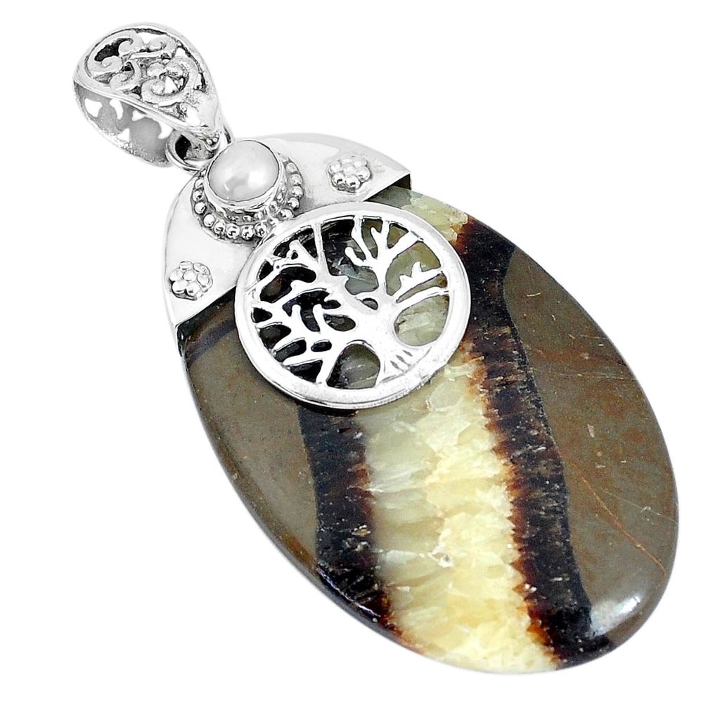 44.45cts natural brown septarian gonads 925 silver tree of life pendant p28161