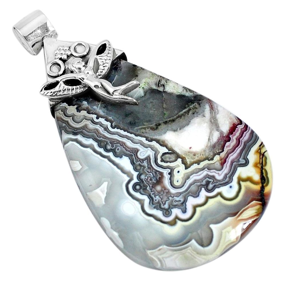 Natural mexican laguna lace agate 925 silver angel wings fairy pendant p28171