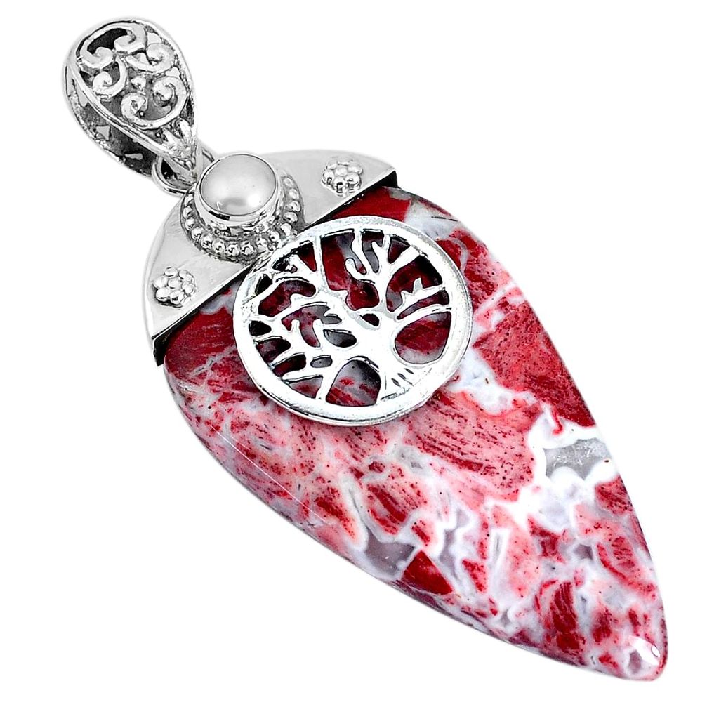 43.81cts natural jasper red white pearl 925 silver tree of life pendant p28210
