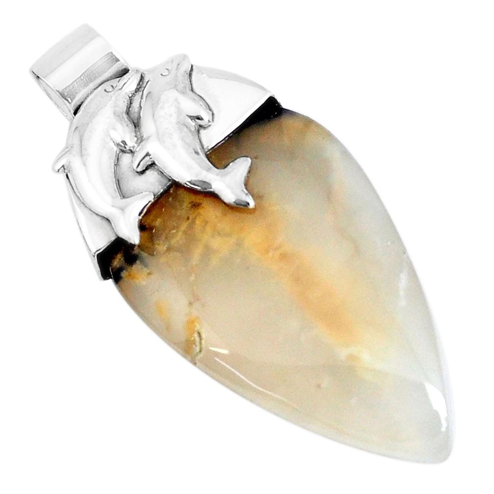 23.13cts natural yellow plume agate 925 sterling silver dolphin pendant p28228