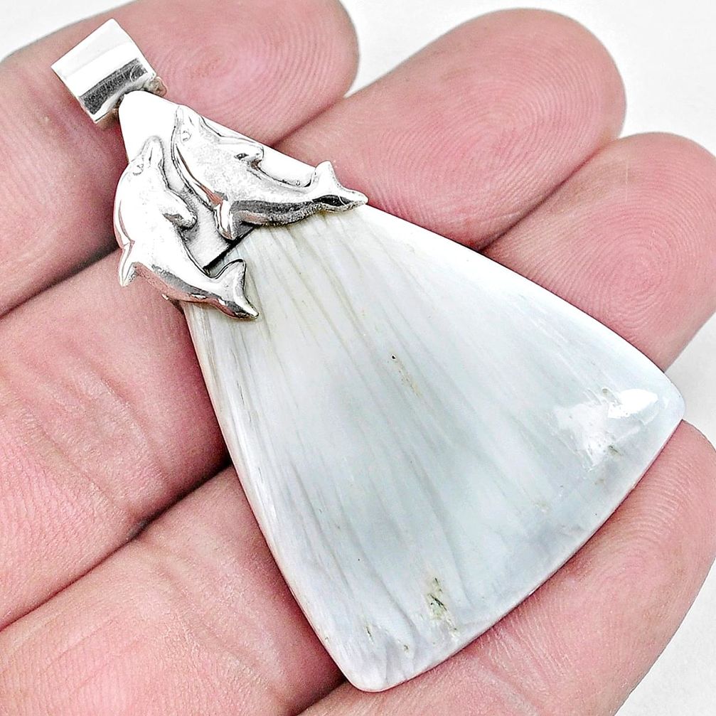 Natural white scolecite high vibration crystal 925 silver dolphin pendant p28237