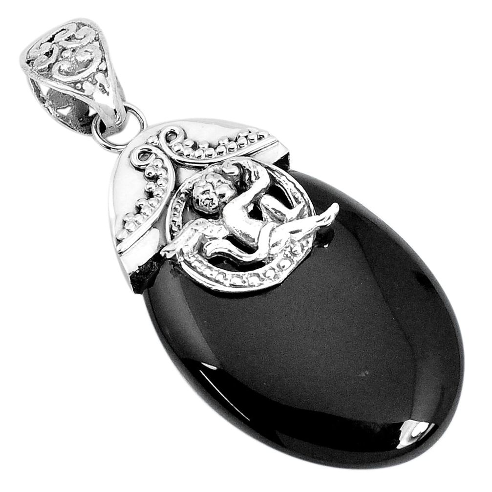 925 sterling silver 36.74cts natural black onyx cupid angel wings pendant p28254