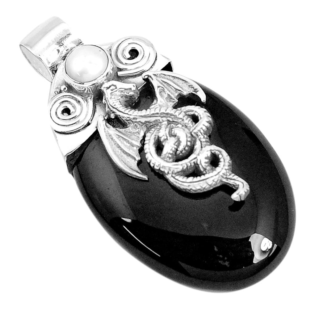 33.21cts natural black onyx pearl 925 sterling silver dragon pendant p28259