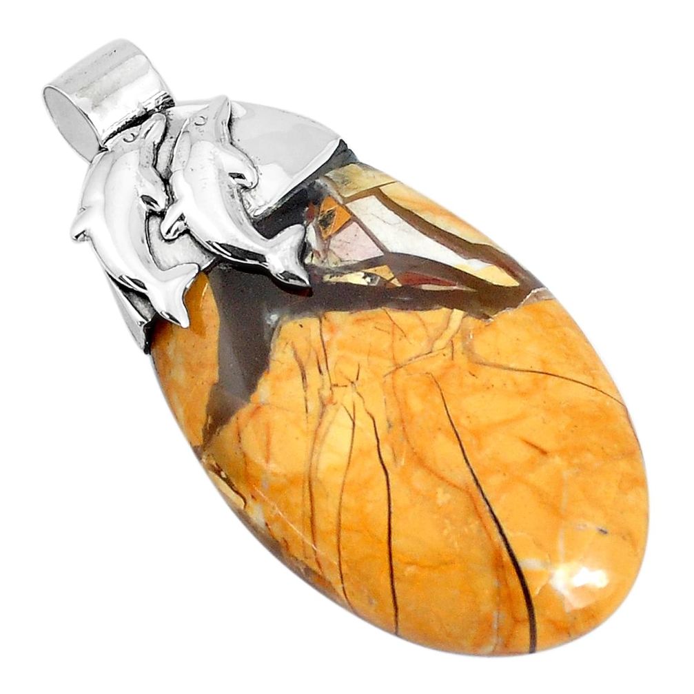 925 silver 27.54cts natural yellow brecciated mookaite dolphin pendant p28269