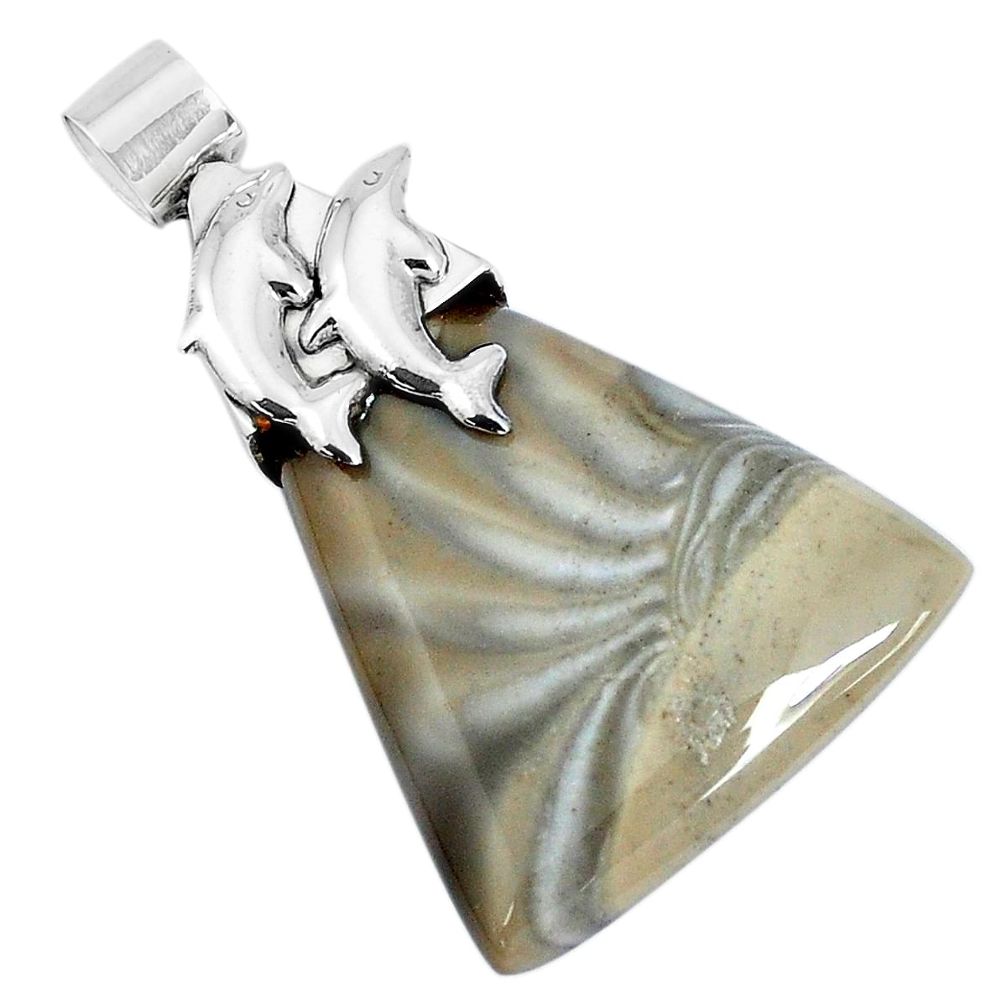 30.16cts natural grey striped flint ohio 925 silver dolphin pendant p28274