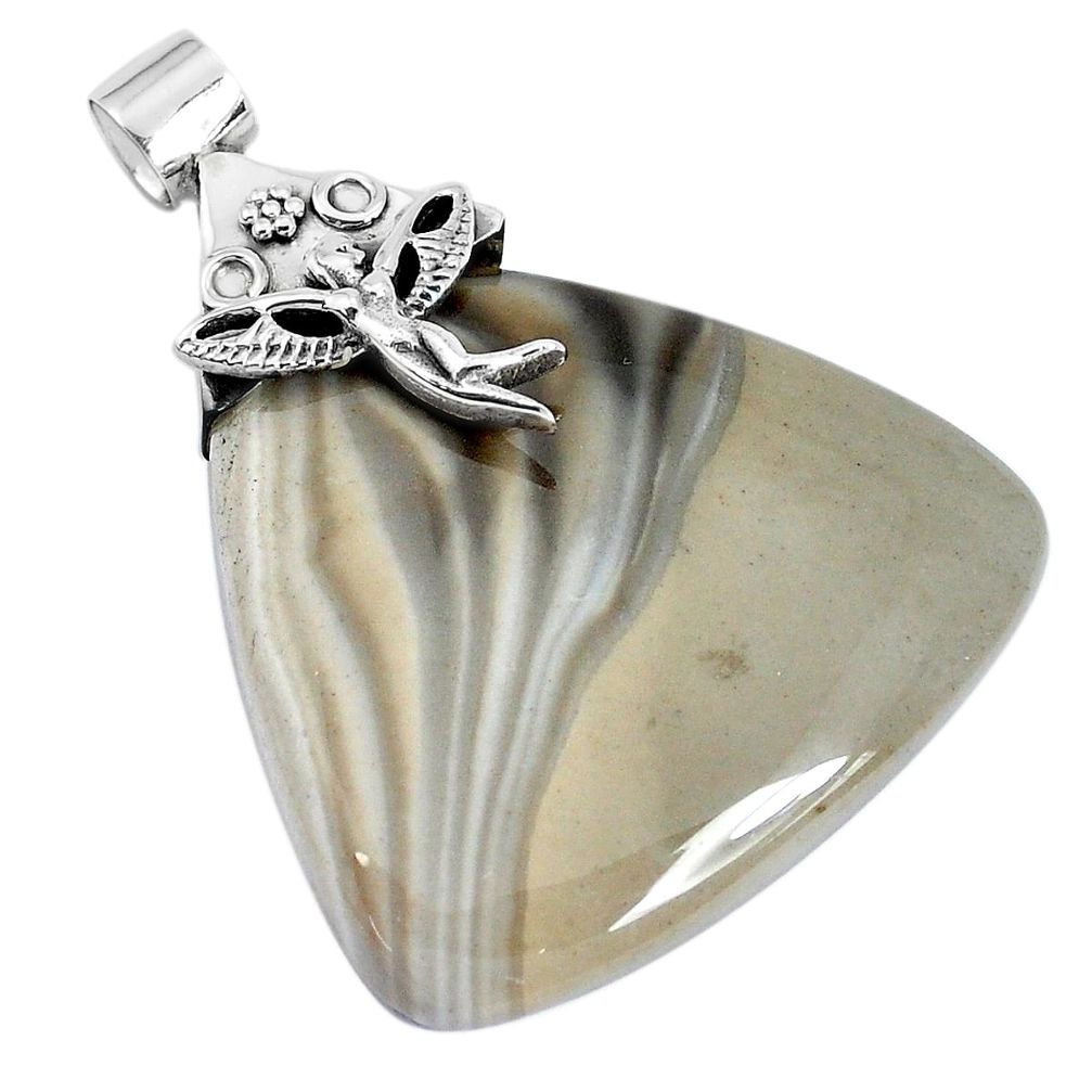 925 silver natural grey striped flint ohio angel wings fairy pendant p28279
