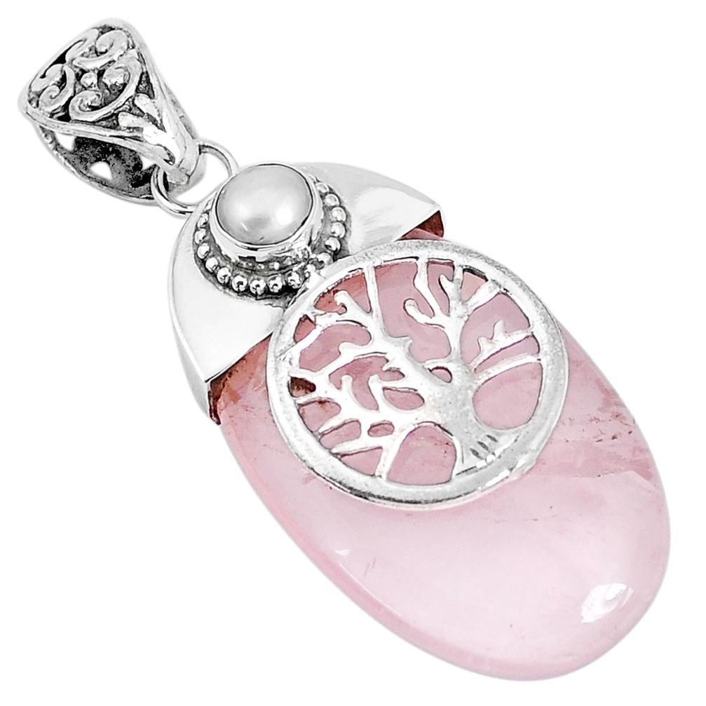 30.16cts natural pink rose quartz pearl 925 silver tree of life pendant p28322