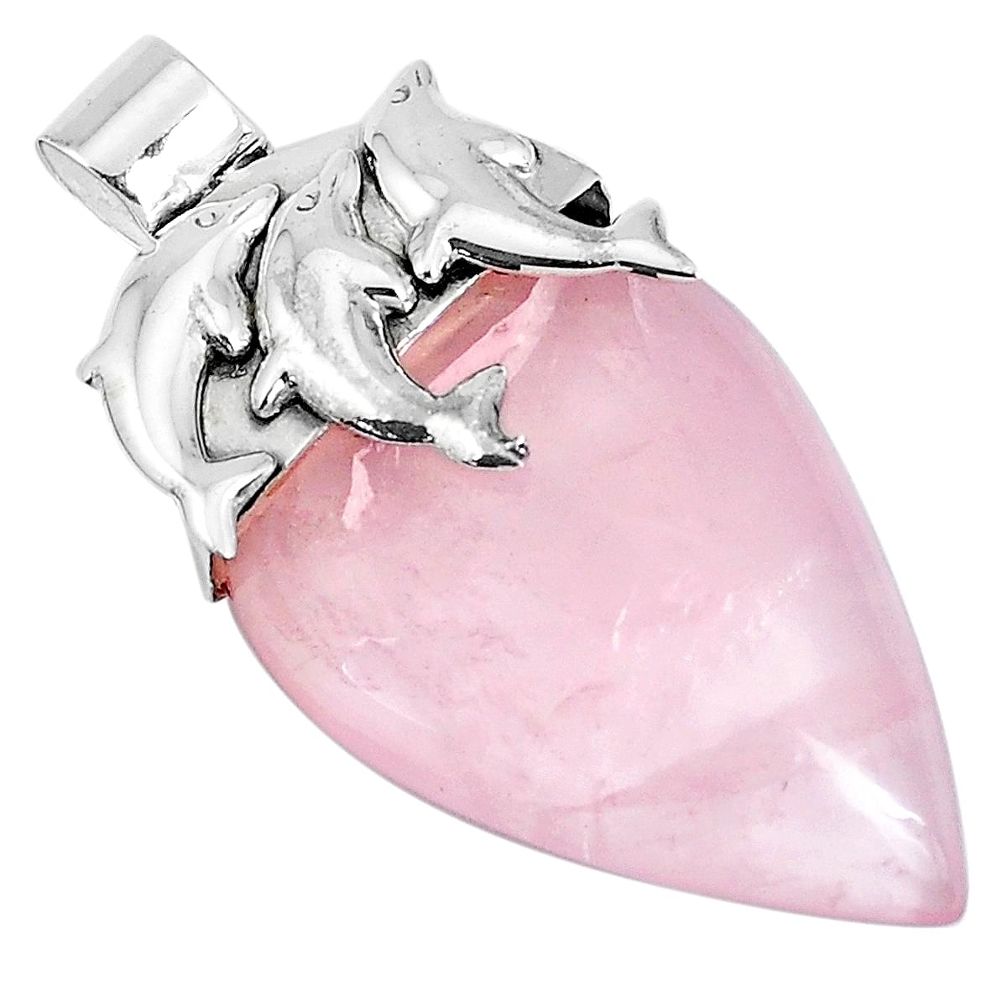 925 sterling silver 28.24cts natural pink rose quartz dolphin pendant p28325