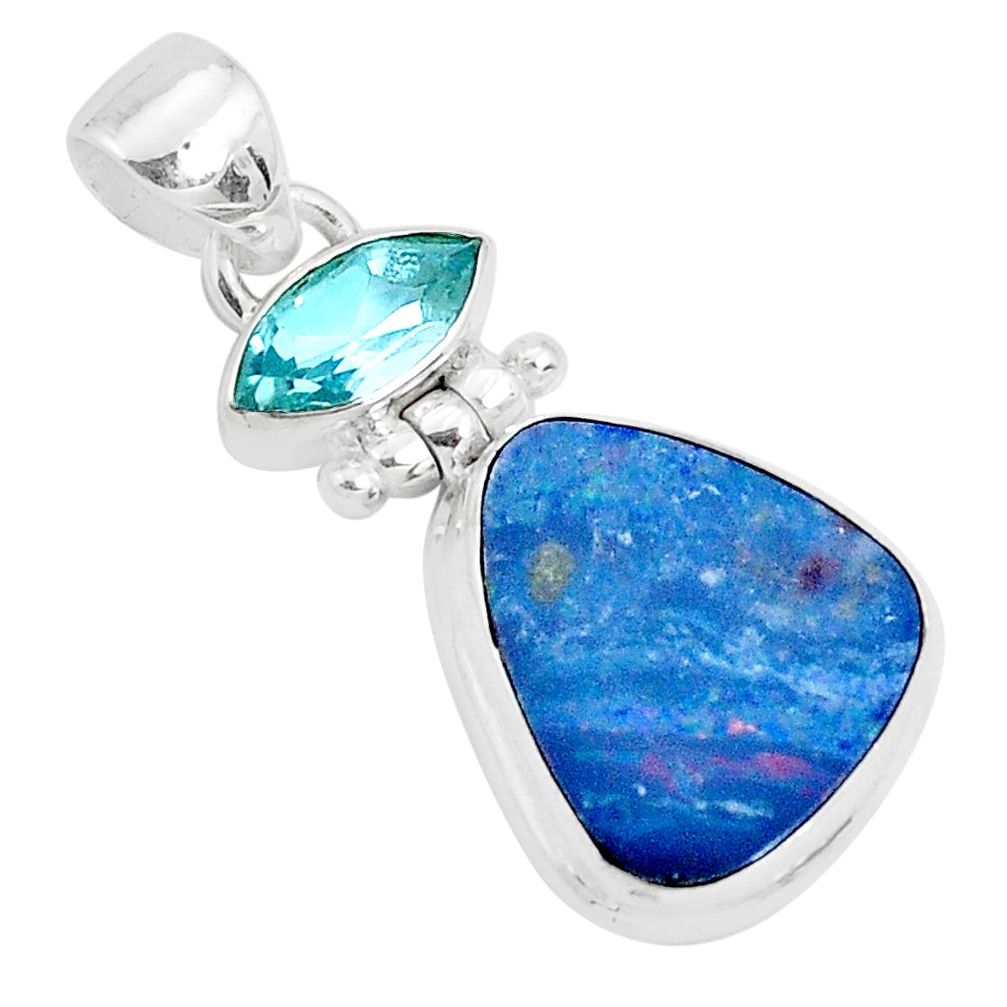 10.76cts natural blue doublet opal australian topaz 925 silver pendant p29526