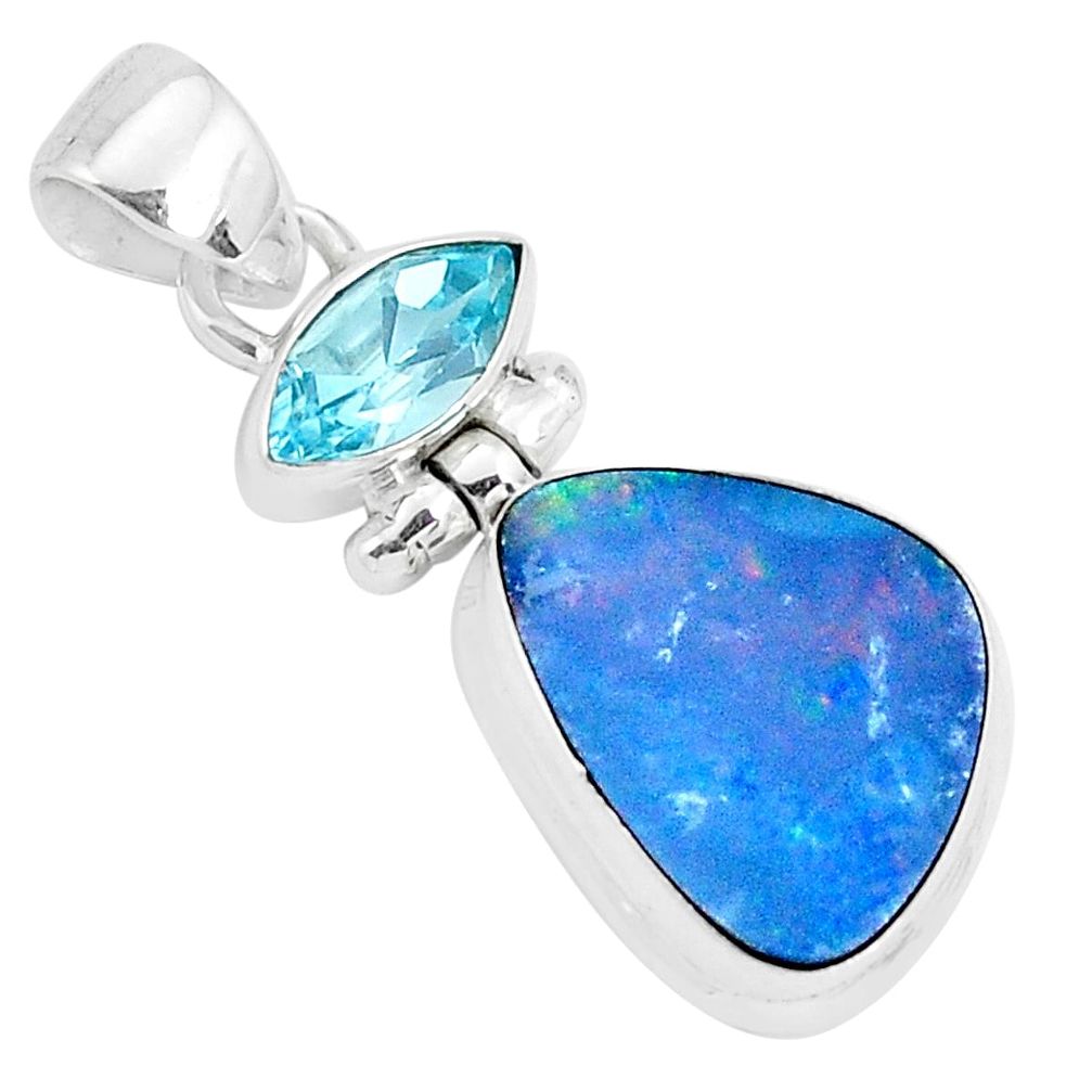 9.18cts natural blue doublet opal australian topaz 925 silver pendant p29530