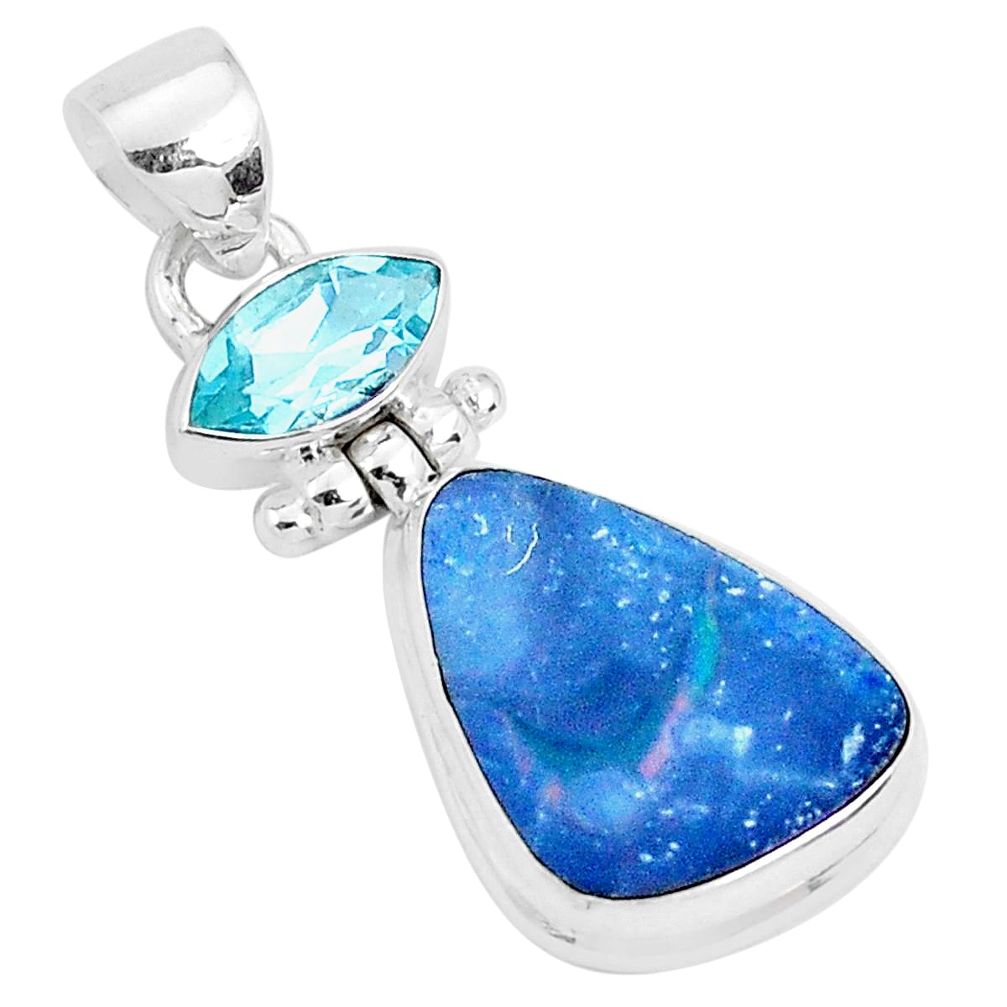 10.02cts natural blue doublet opal australian topaz 925 silver pendant p29536