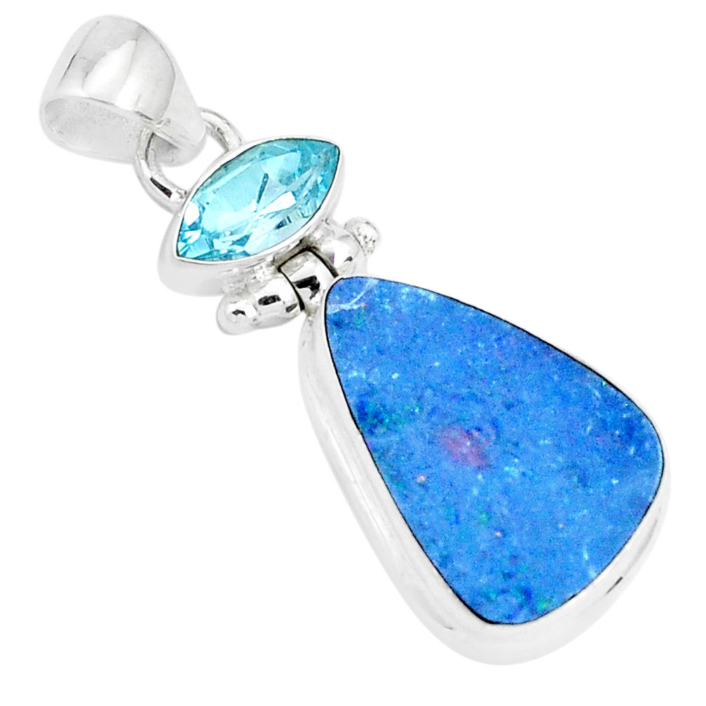 10.78cts natural blue doublet opal australian topaz 925 silver pendant p29538