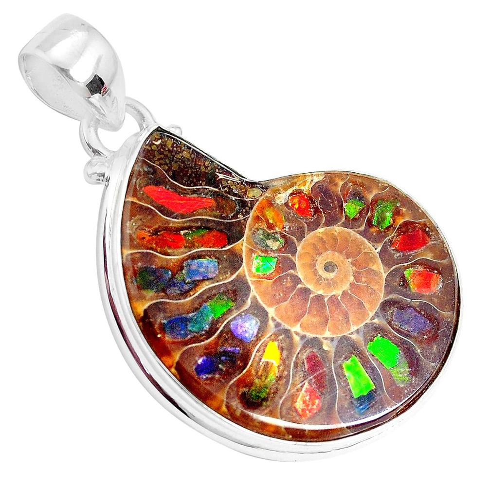 19.23cts natural brown ammolite in ammonite 925 sterling silver pendant p29741