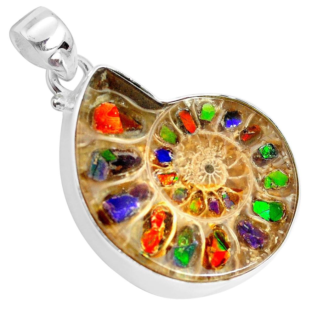 25.67cts natural brown ammolite in ammonite fancy 925 silver pendant p29746