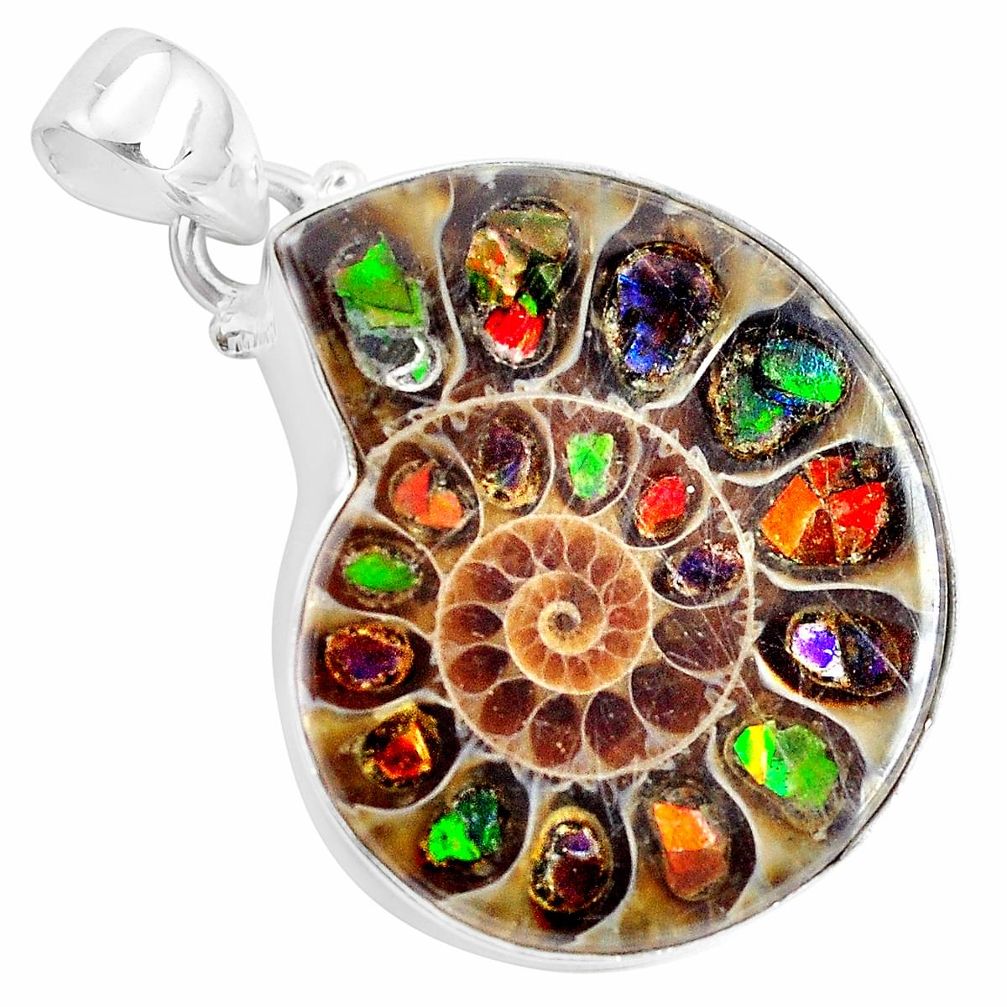 925 sterling silver 30.07cts natural brown ammolite in ammonite pendant p29751