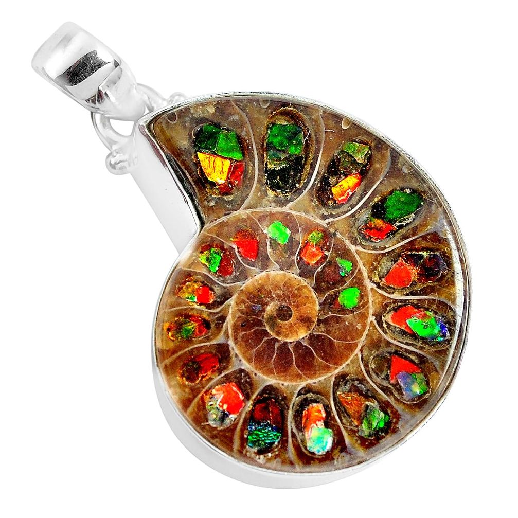 27.57cts natural brown ammolite in ammonite 925 sterling silver pendant p29753
