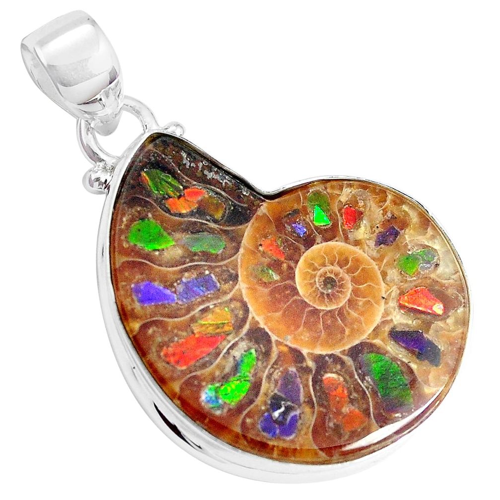 17.42cts natural brown ammolite in ammonite 925 sterling silver pendant p29755
