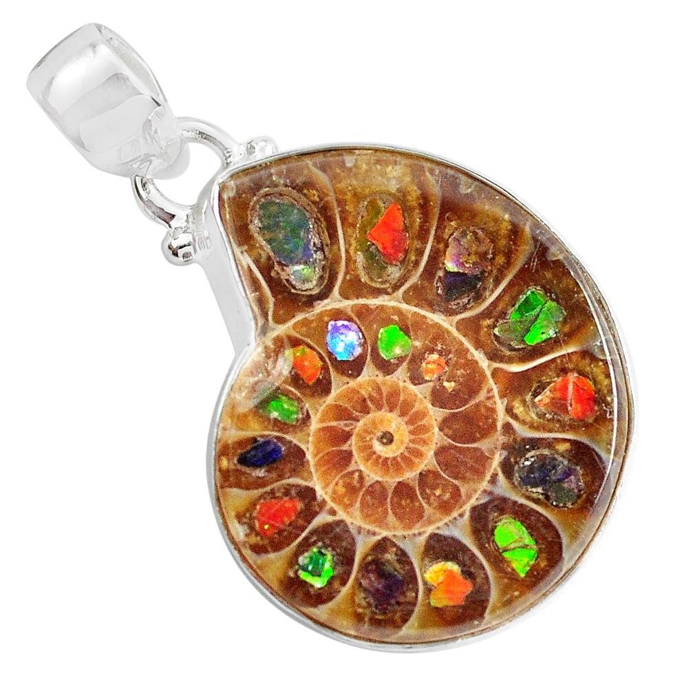 19.27cts natural brown ammolite in ammonite 925 sterling silver pendant p29758