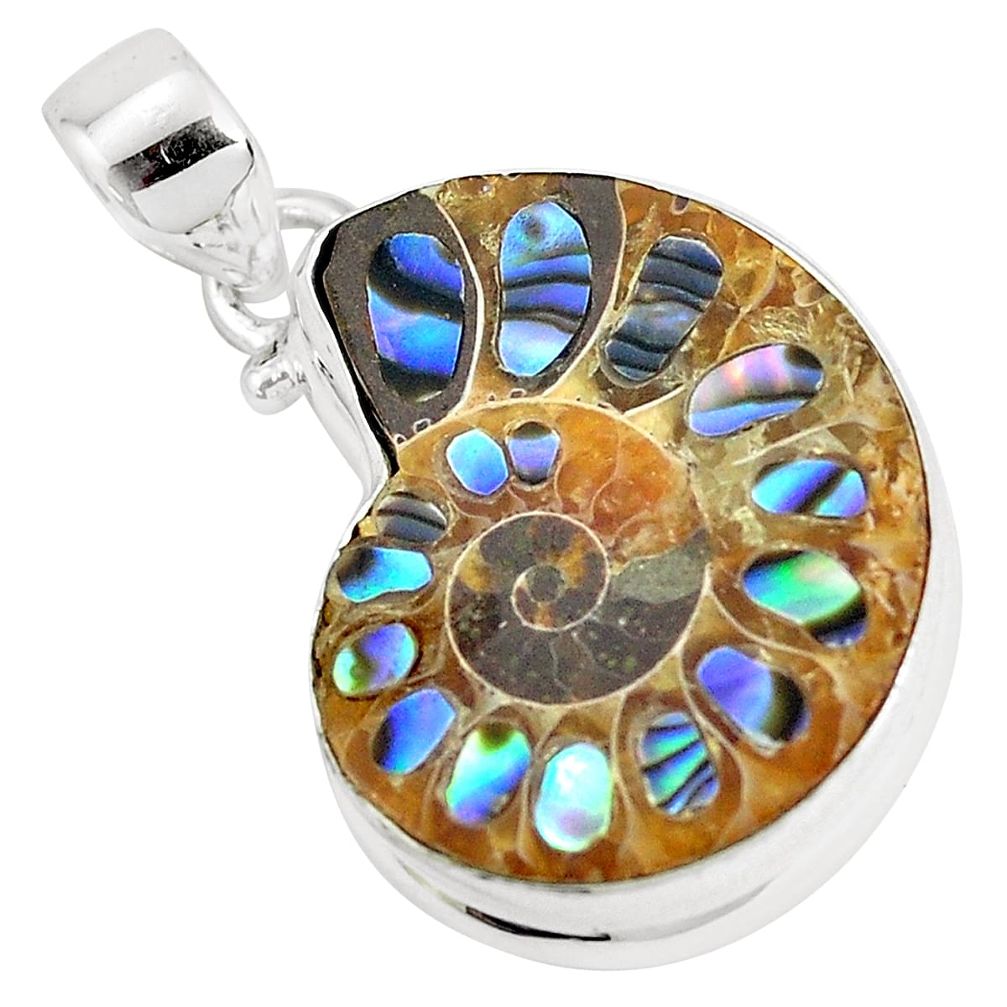 15.55cts natural multi color abalone in ammonite 925 silver pendant p29761